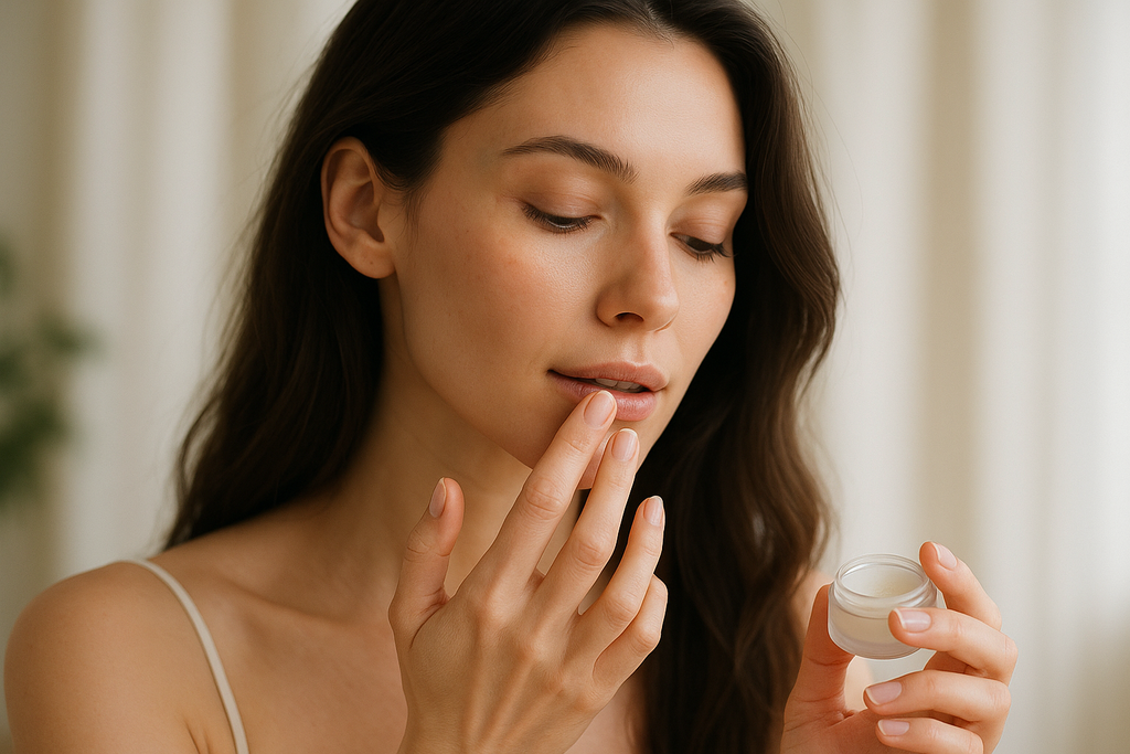 a beautiful woman puttlng lip balm on lips with fingers