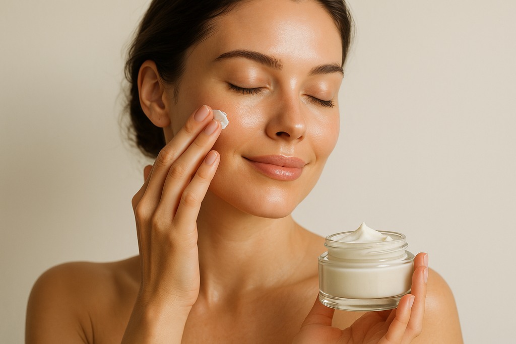  beautiful woman putting tallow face cream on her face, include a glass jar or no jar