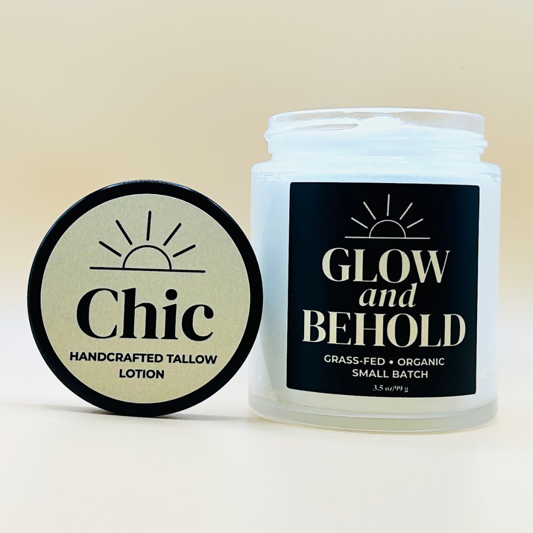 Chic Face & Body Lotion by Glow and Behold – grass-fed tallow lotion in a glass jar