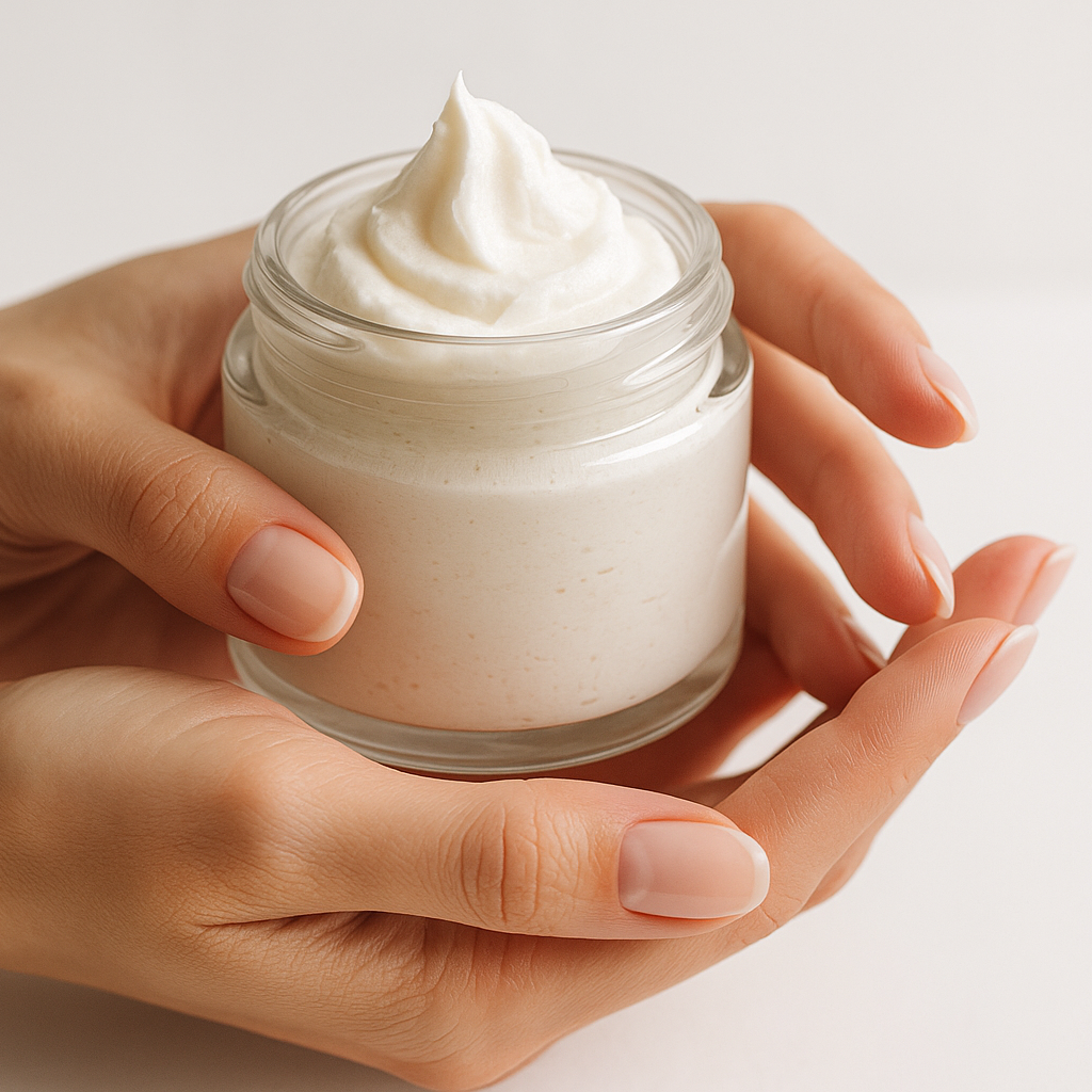hands holding a jar of whipped tallow lotion